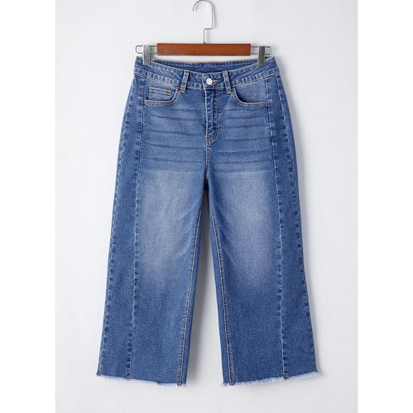 Women's High Waisted Wide Leg Capri Jeans Denim Raw Hem Side Seam Pants - Picture 5 of 9